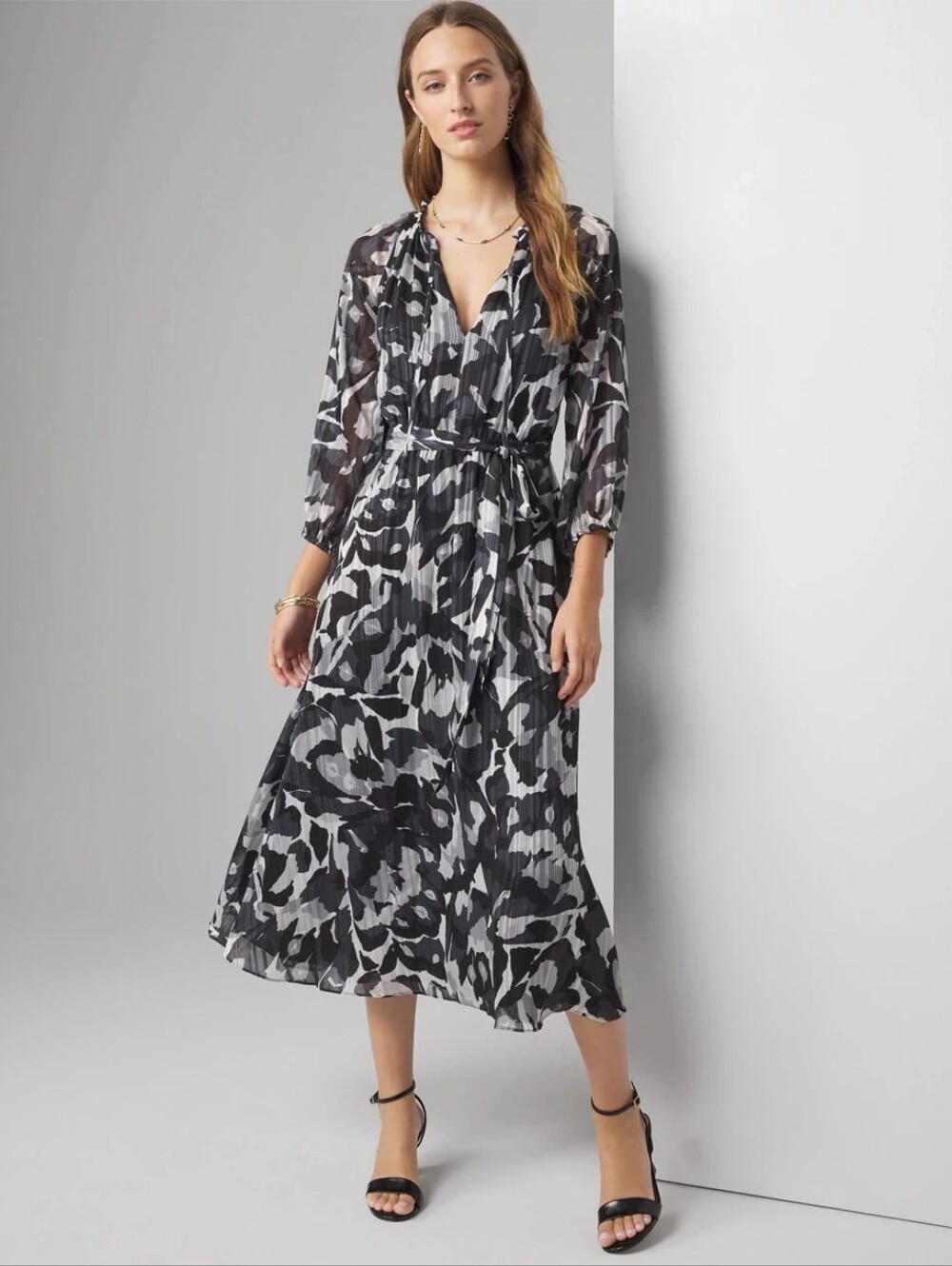 White House Black Market Long Sleeve Printed Midi Dress